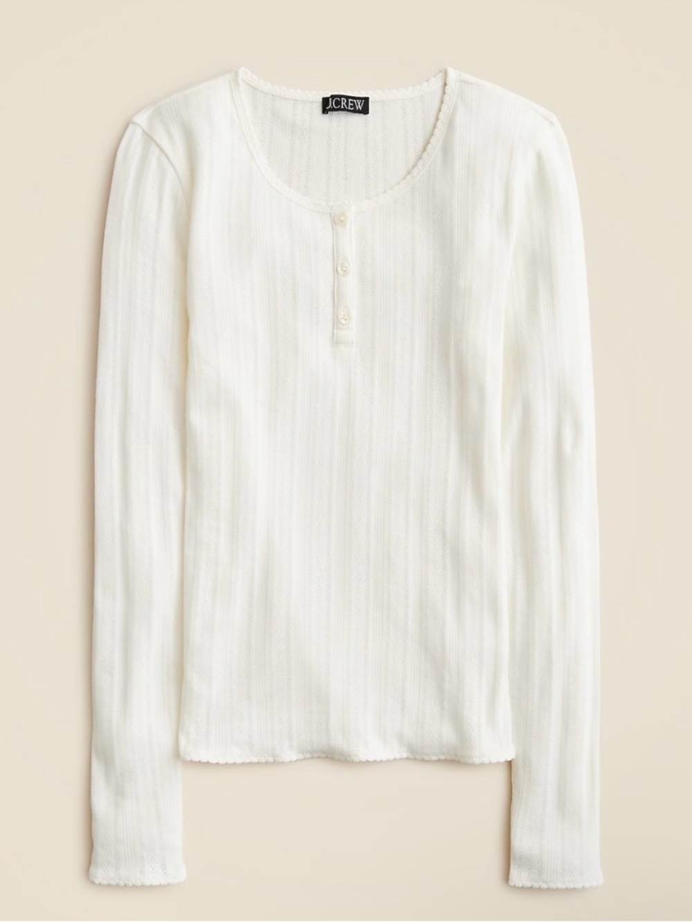 Cottagecore Cream Ribbed Dainty Pointelle Henley Long-Sleeve Top